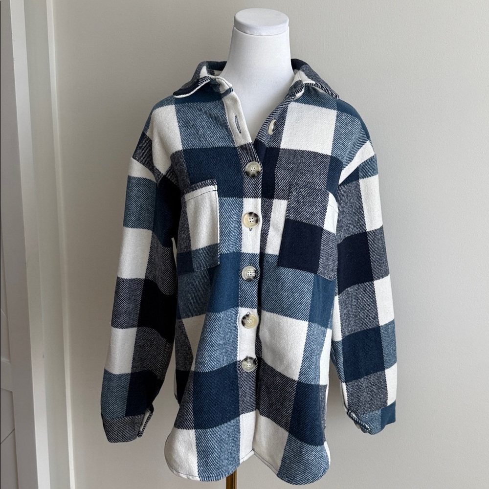 Blue and White Plaid Button-Up Shirt - thick flannel